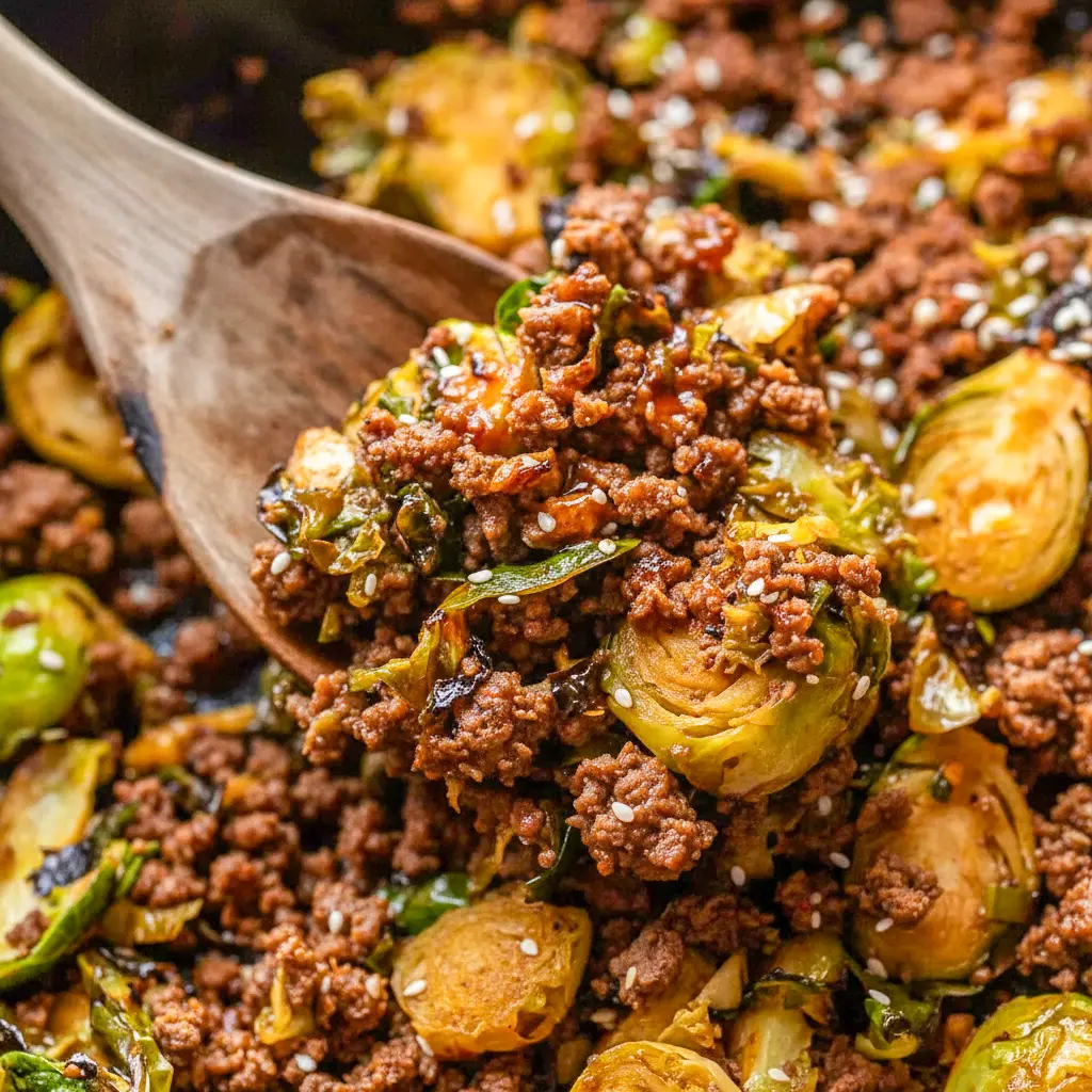 A skillet of Ground Beef and Brussels Sprouts served as a cozy Meal Idea With Ground Beef with tender Brussels sprouts, saucy beef, and a quick homemade dinner vibe.