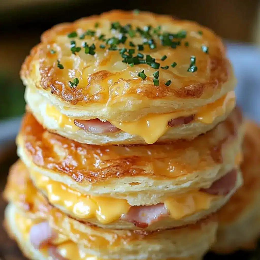Golden Ham And Cheese Butter Swim Biscuits stacked on a plate, showing flaky layers, melted cheddar, and ham — ideal for Breakfast Brunch Recipes.