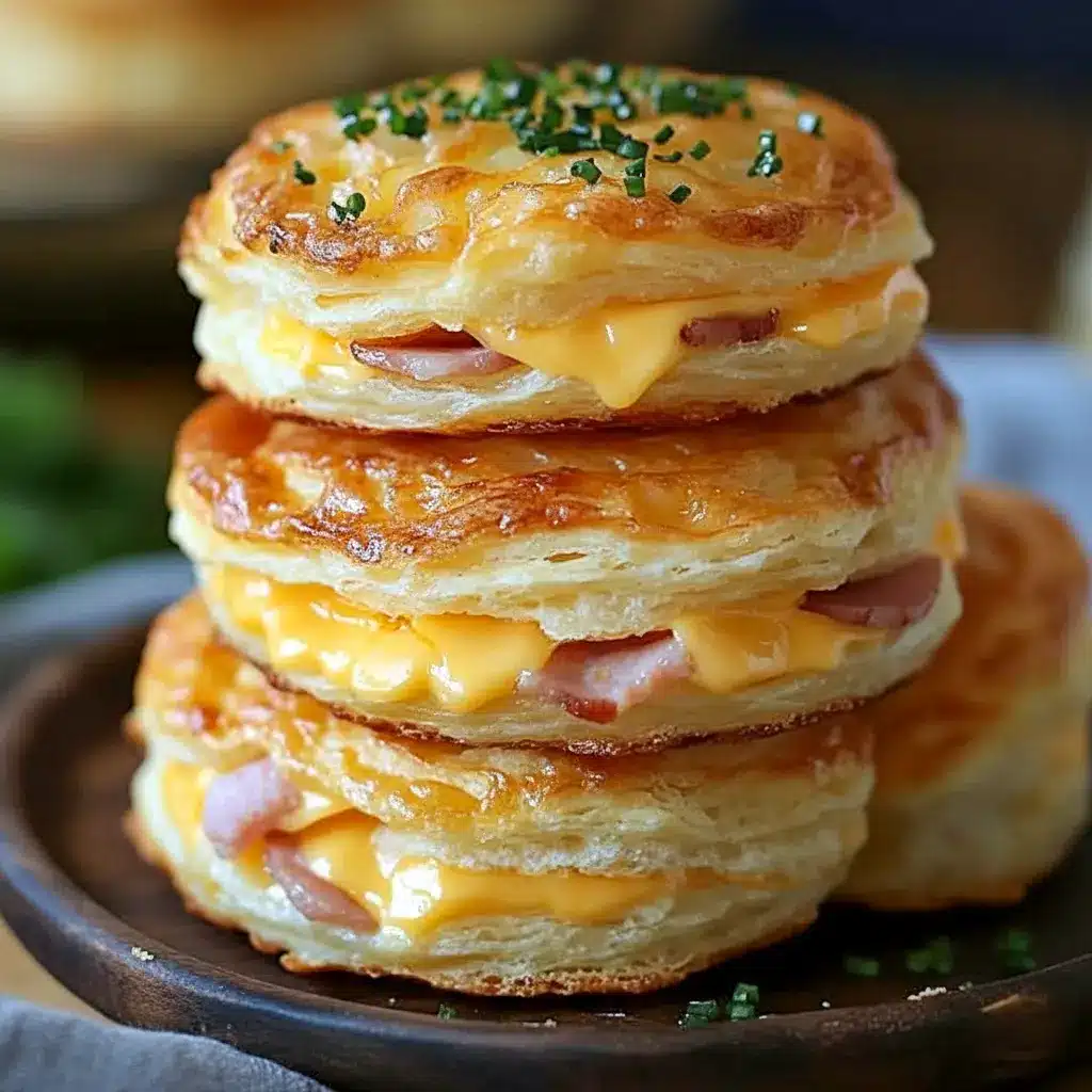 Golden Ham And Cheese Butter Swim Biscuits stacked on a plate, showing flaky layers, melted cheddar, and ham — ideal for Breakfast Brunch Recipes.