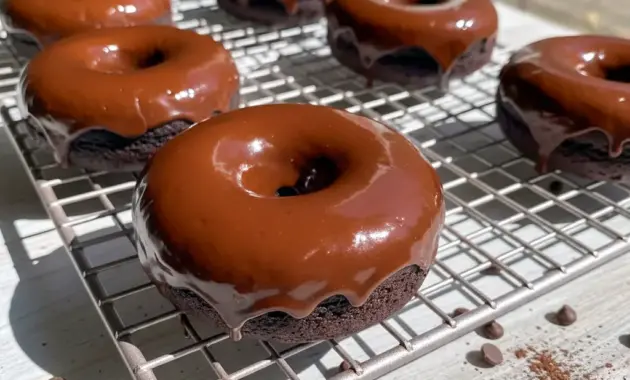 Chocolate Protein Donuts — six chocolate-glazed donuts on a wire rack, showing moist interior and glossy dark-chocolate finish, paleo and gluten-free.