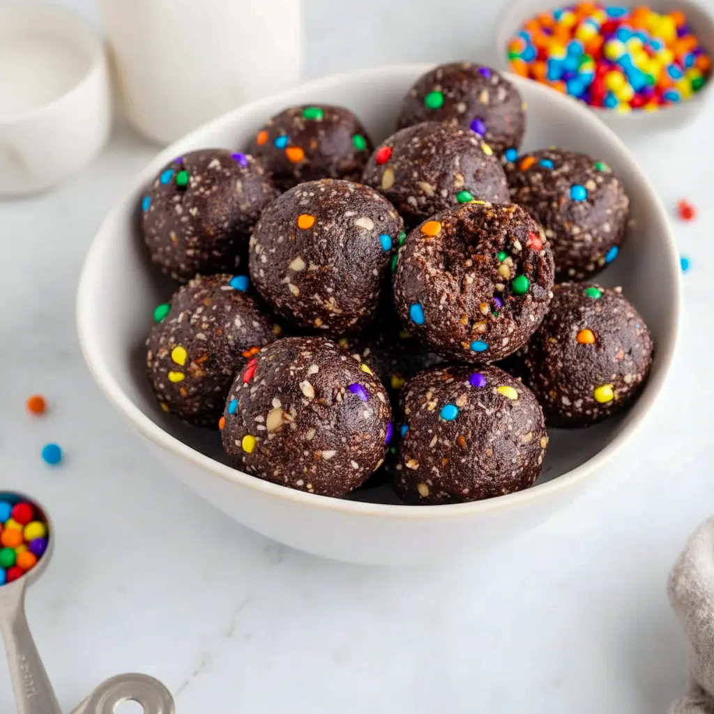 A plate of Cosmic Brownie Bites with a fudgy chocolate texture and rainbow candy-coated chips, styled as a healthy No Bake Dessert Bites treat.