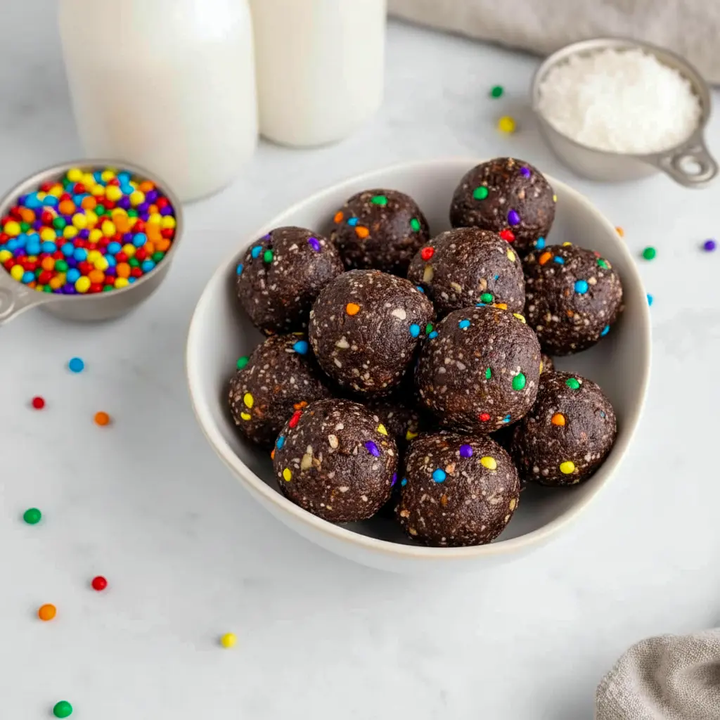 A plate of Cosmic Brownie Bites with a fudgy chocolate texture and rainbow candy-coated chips, styled as a healthy No Bake Dessert Bites treat.