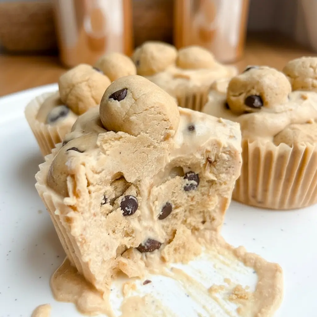 Close-up of three Cookie Dough Cups in paper liners: creamy yogurt base, little protein cookie-dough bites, and chocolate chips on top.