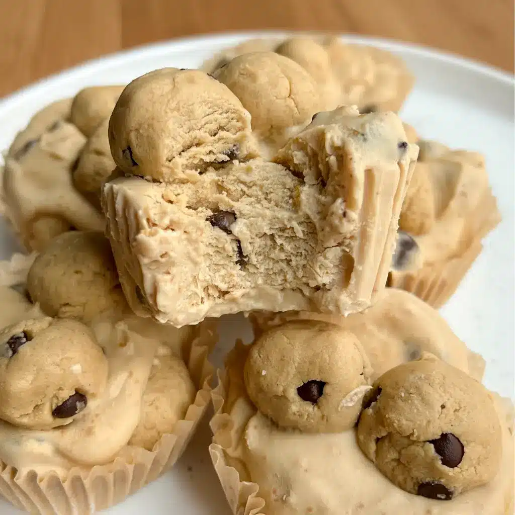 Close-up of three Cookie Dough Cups in paper liners: creamy yogurt base, little protein cookie-dough bites, and chocolate chips on top.