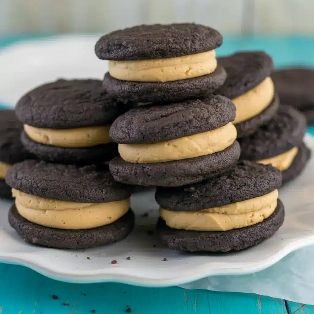 Stack of Homemade Peanut Butter Oreos showing soft chocolate sandwich cookies filled with creamy peanut butter frosting, styled like a rich homemade dessert.