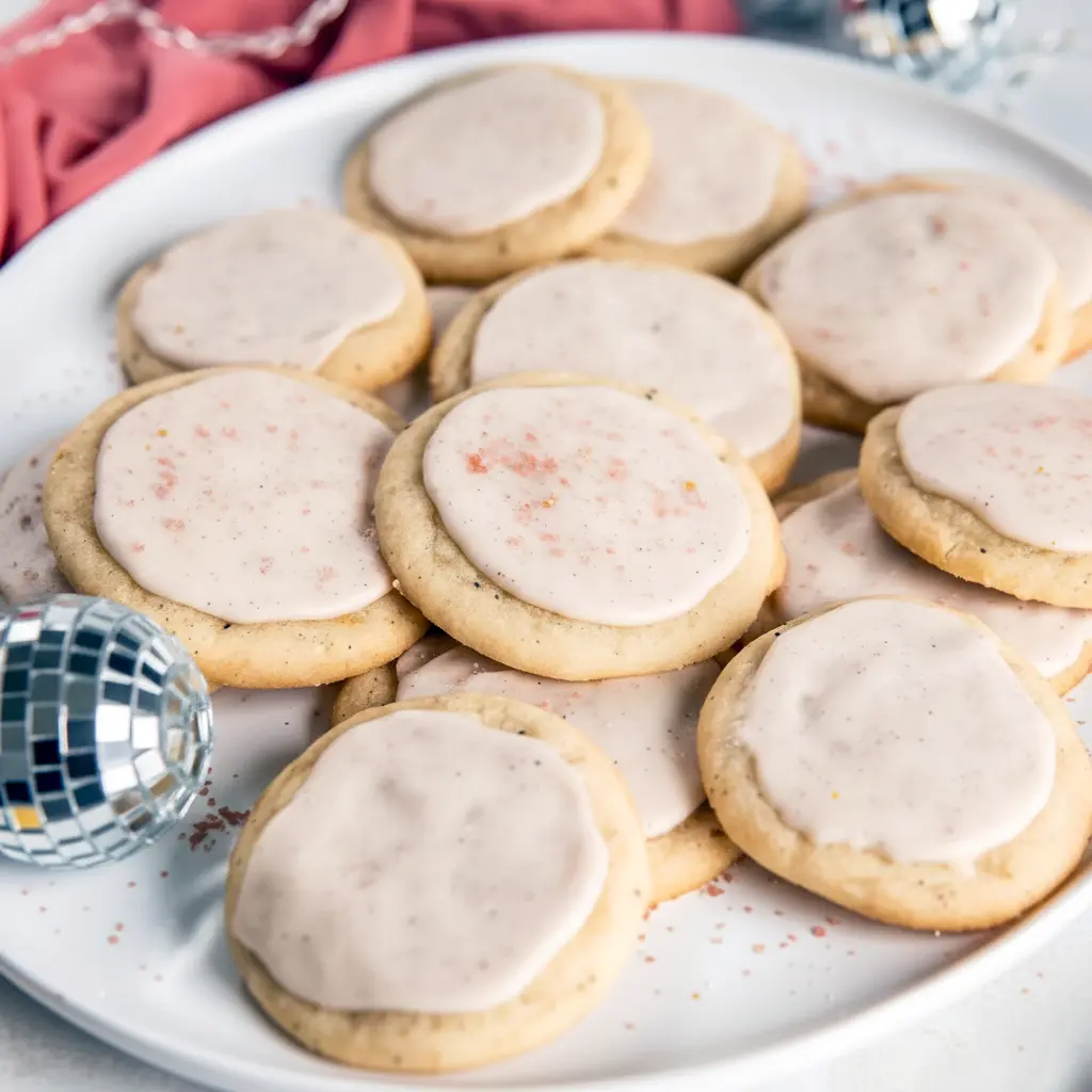 A stack of iced Taylor Swift Chai Cookies on a plate with a warm mug of tea, styled as a cozy homemade dessert.