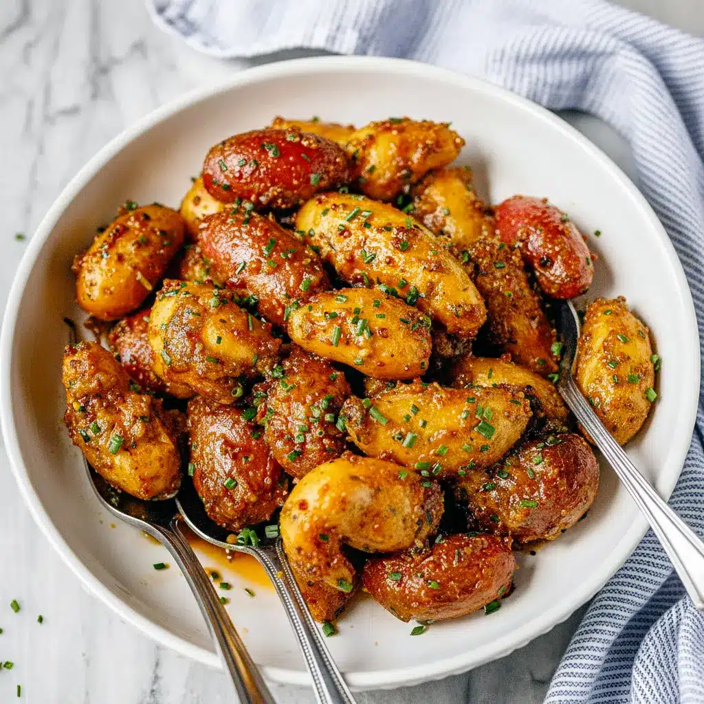 A skillet of Honey Mustard Potatoes with golden baby potatoes coated in a glossy honey mustard glaze and topped with fresh chives.
