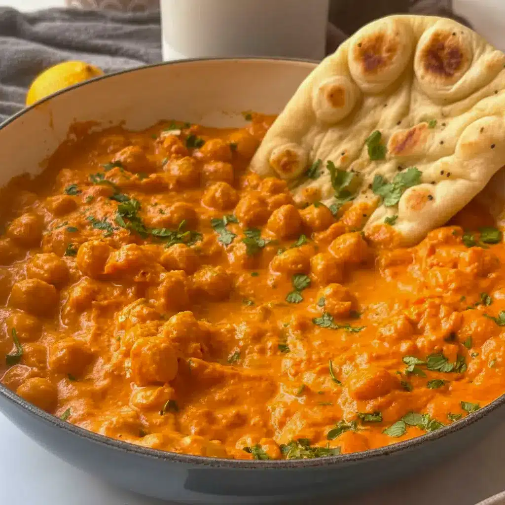 Indian Butter Chickpeas — creamy tomato-spice sauce with tender chickpeas, garnished with cilantro and lemon, served with naan for a cozy Easy Cooking Vegetarian meal.