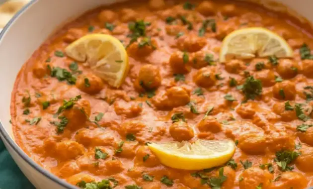 Indian Butter Chickpeas — creamy tomato-spice sauce with tender chickpeas, garnished with cilantro and lemon, served with naan for a cozy Easy Cooking Vegetarian meal.
