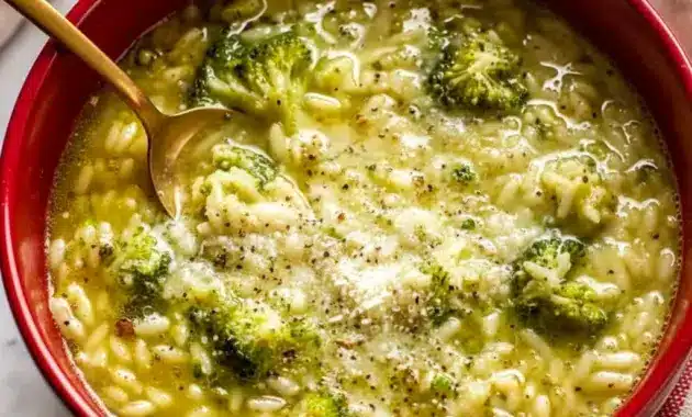 A bowl of Italian Broccoli Soup topped with parmesan cheese and olive oil, with tender broccoli, pasta, and garlic broth for a cozy homemade dinner.