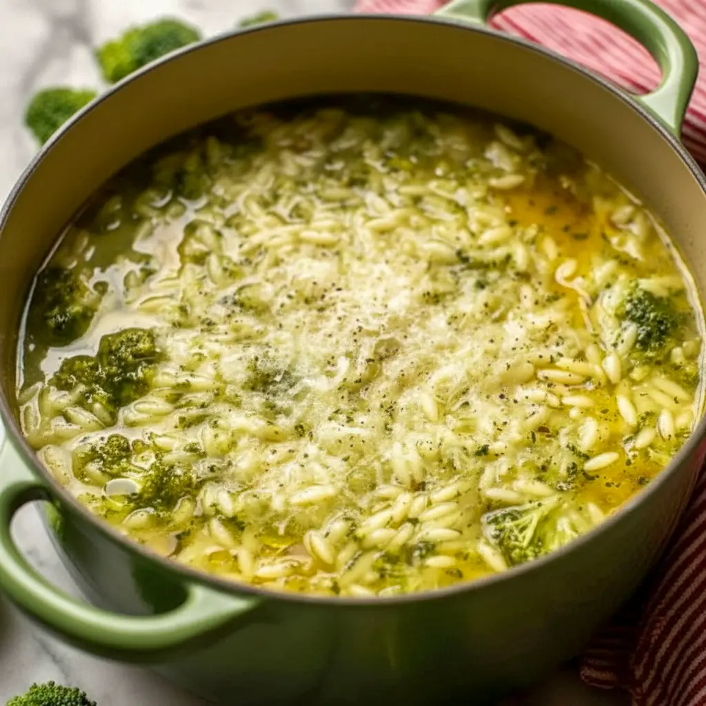 A bowl of Italian Broccoli Soup topped with parmesan cheese and olive oil, with tender broccoli, pasta, and garlic broth for a cozy homemade dinner.