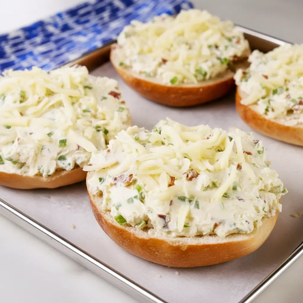 Close-up of baked Jalapeño Popper Bagels — bagel halves spread with jalapeño cream cheese, melted Monterey Jack, and bacon crumbles, garnished with thin jalapeño slices.