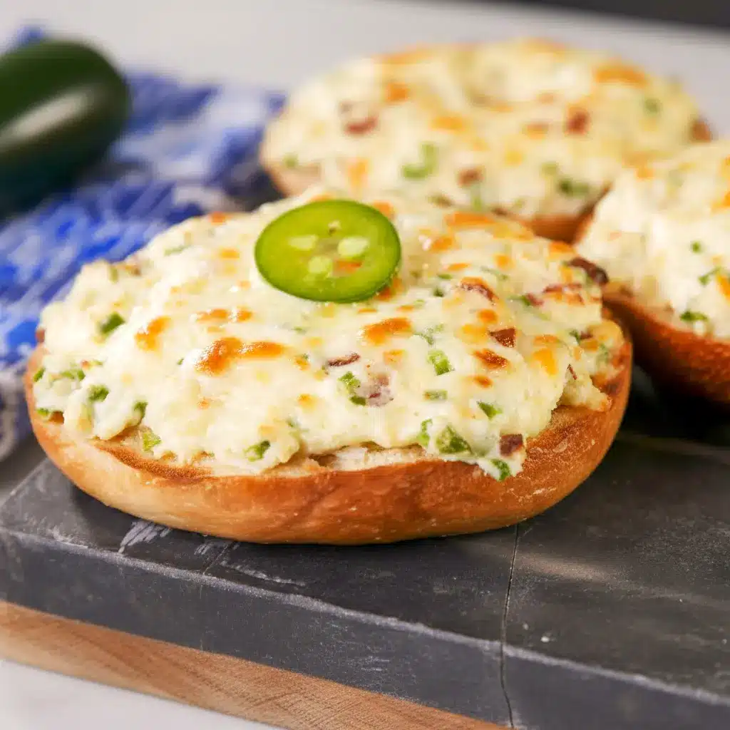 Close-up of baked Jalapeño Popper Bagels — bagel halves spread with jalapeño cream cheese, melted Monterey Jack, and bacon crumbles, garnished with thin jalapeño slices.