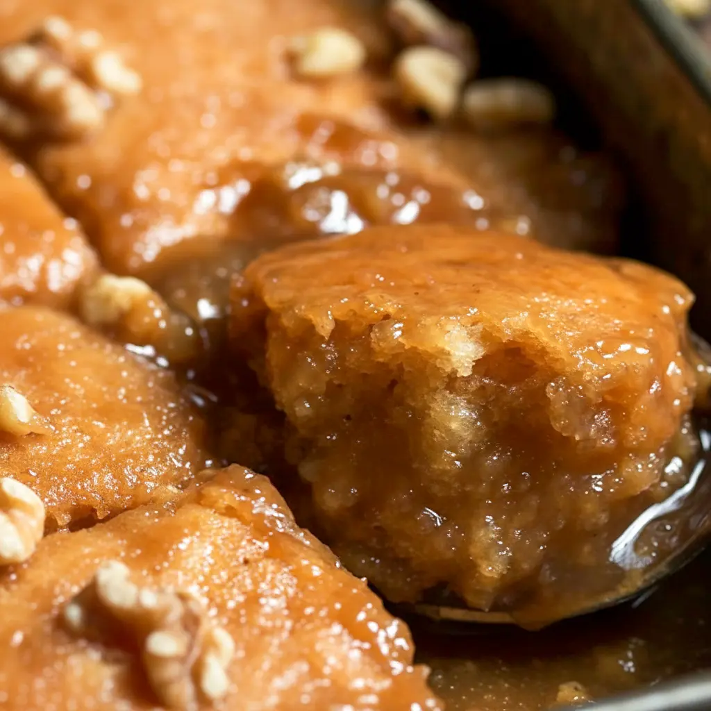 A spoonful of Maple Pudding Cake in a bowl, topped with glossy maple sauce and walnuts — a cozy Maple Syrup Pudding dessert close-up.