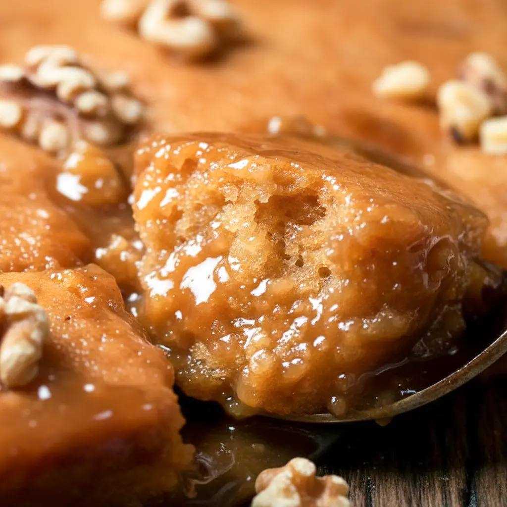 A spoonful of Maple Pudding Cake in a bowl, topped with glossy maple sauce and walnuts — a cozy Maple Syrup Pudding dessert close-up.