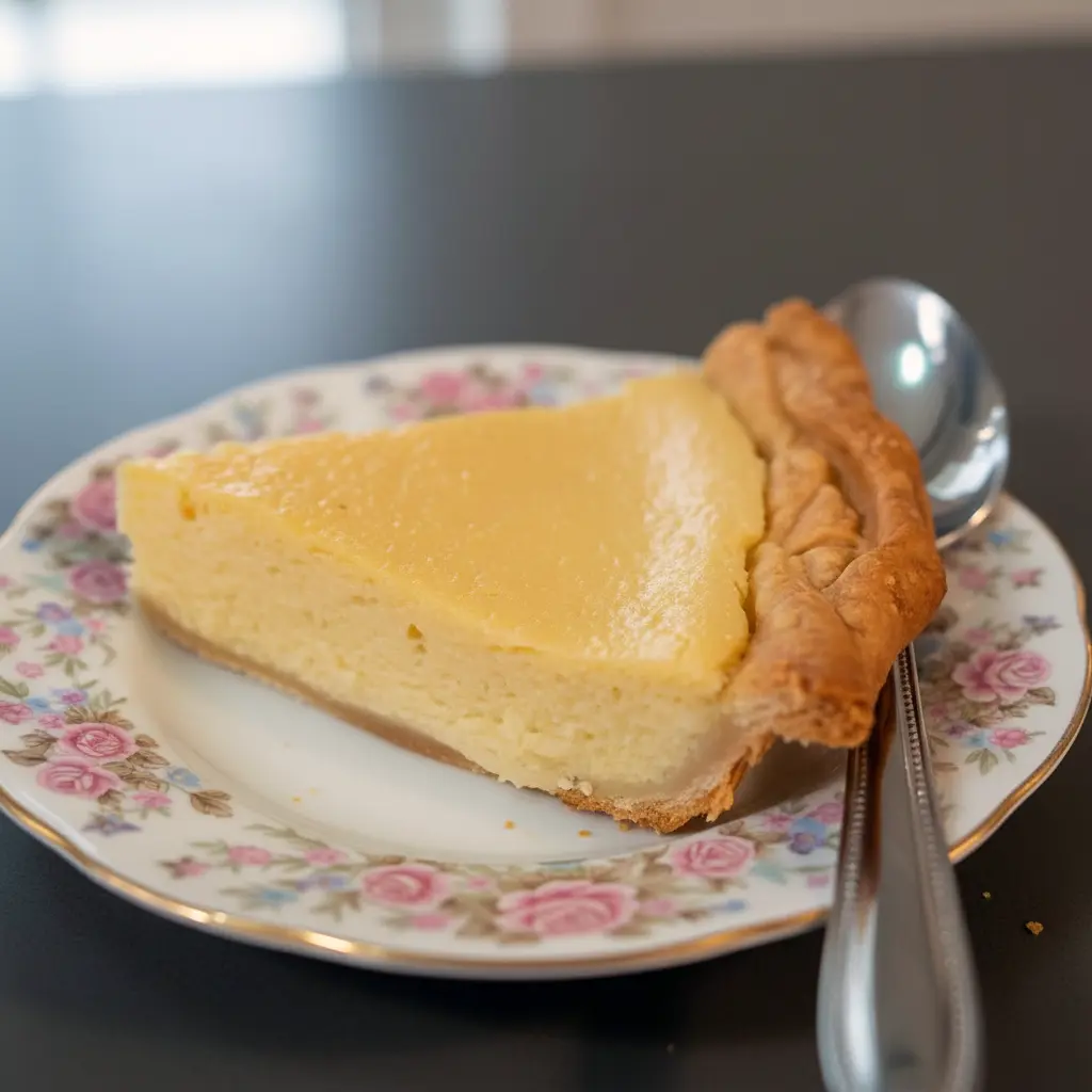 Apple Custard Pie slice on a white plate, glossy custard and browned single crust visible — a close-up of a classic Single Crust Pie (Marlborough Pie).