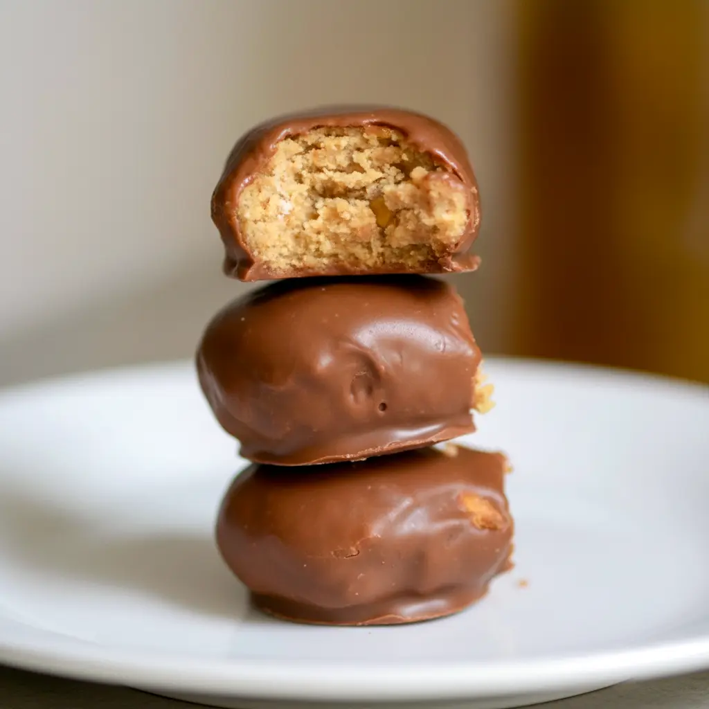 Close-up of Peanut Butter Protein Bars dipped in chocolate and cooling on parchment paper — chewy, chocolate-coated snack ready to eat.