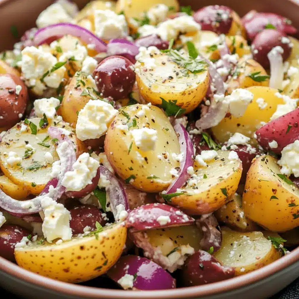A bowl of Potato Feta Salad with tender potatoes, crumbled feta, Kalamata olives, red onion, and dill, styled as one of the Best Cold Side Dishes for a fresh and colorful meal.