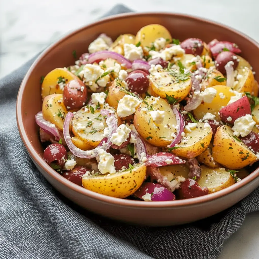 A bowl of Potato Feta Salad with tender potatoes, crumbled feta, Kalamata olives, red onion, and dill, styled as one of the Best Cold Side Dishes for a fresh and colorful meal.