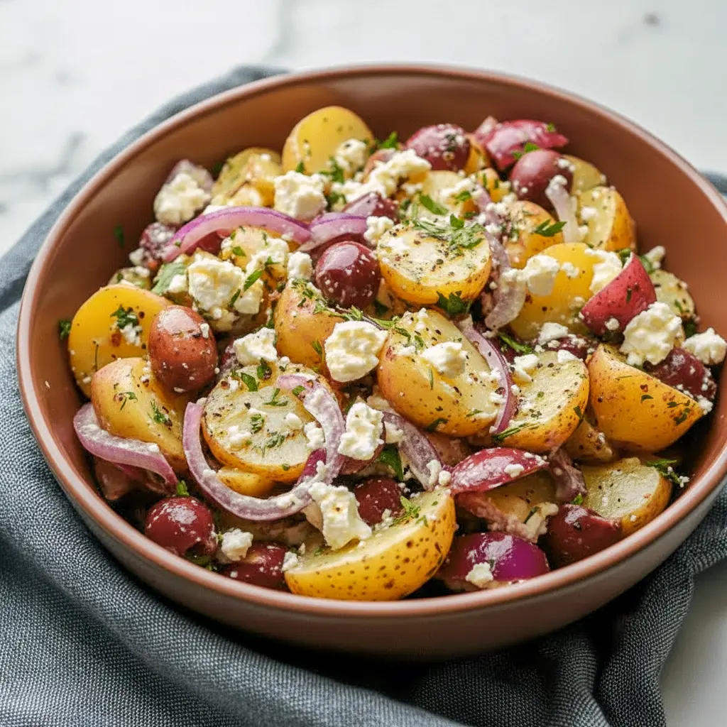 A bowl of Potato Feta Salad with tender potatoes, crumbled feta, Kalamata olives, red onion, and dill, styled as one of the Best Cold Side Dishes for a fresh and colorful meal.