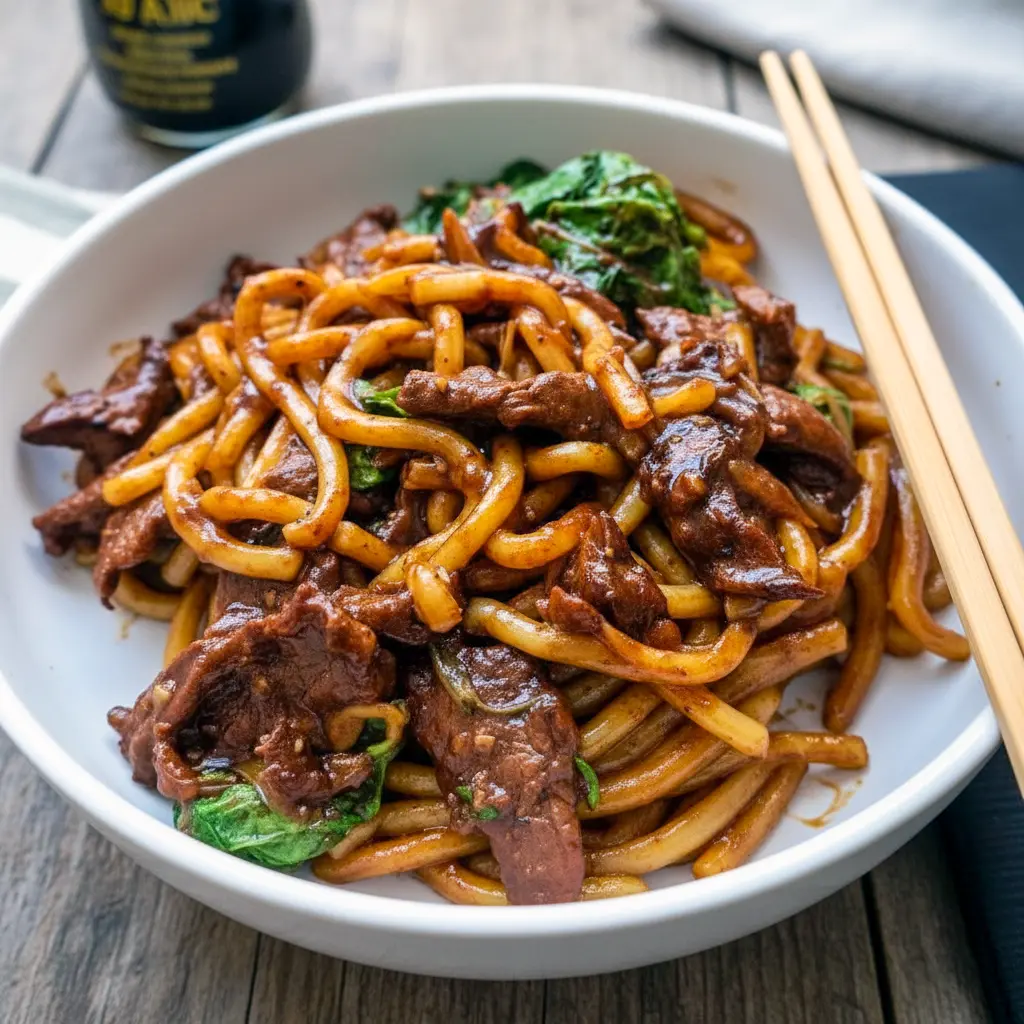 Bowl of Beef Udon with sliced steak, Chinese cabbage, and glossy black-pepper sauce over springy Noodles.