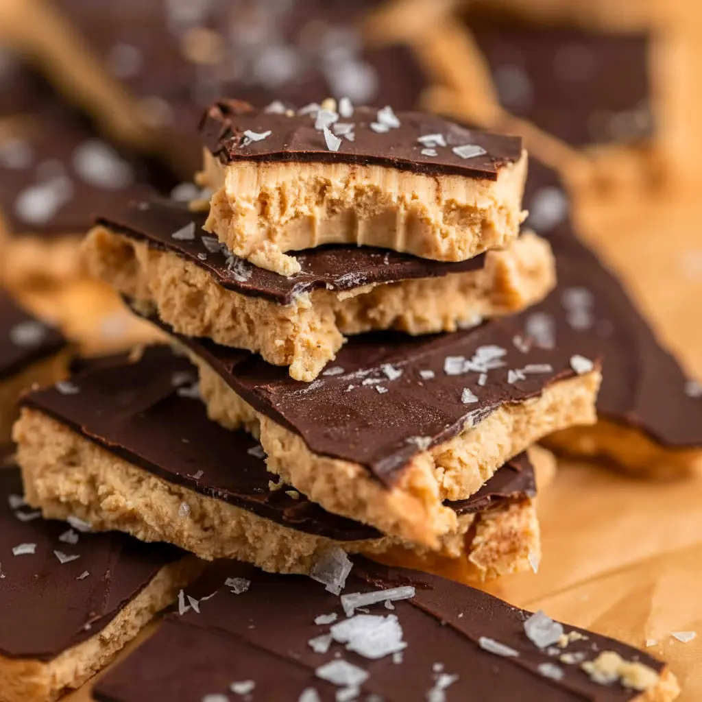 Greek Yogurt Bark on parchment, broken into rustic pieces with peanut-butter swirls, a dark chocolate topping, and a sprinkle of flaky sea salt — a portable Peanut Butter Chocolate Snack.