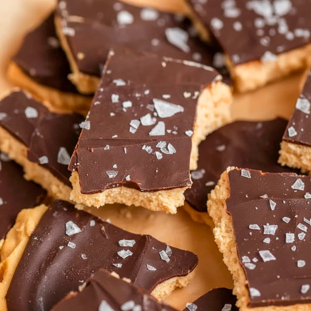 Greek Yogurt Bark on parchment, broken into rustic pieces with peanut-butter swirls, a dark chocolate topping, and a sprinkle of flaky sea salt — a portable Peanut Butter Chocolate Snack.