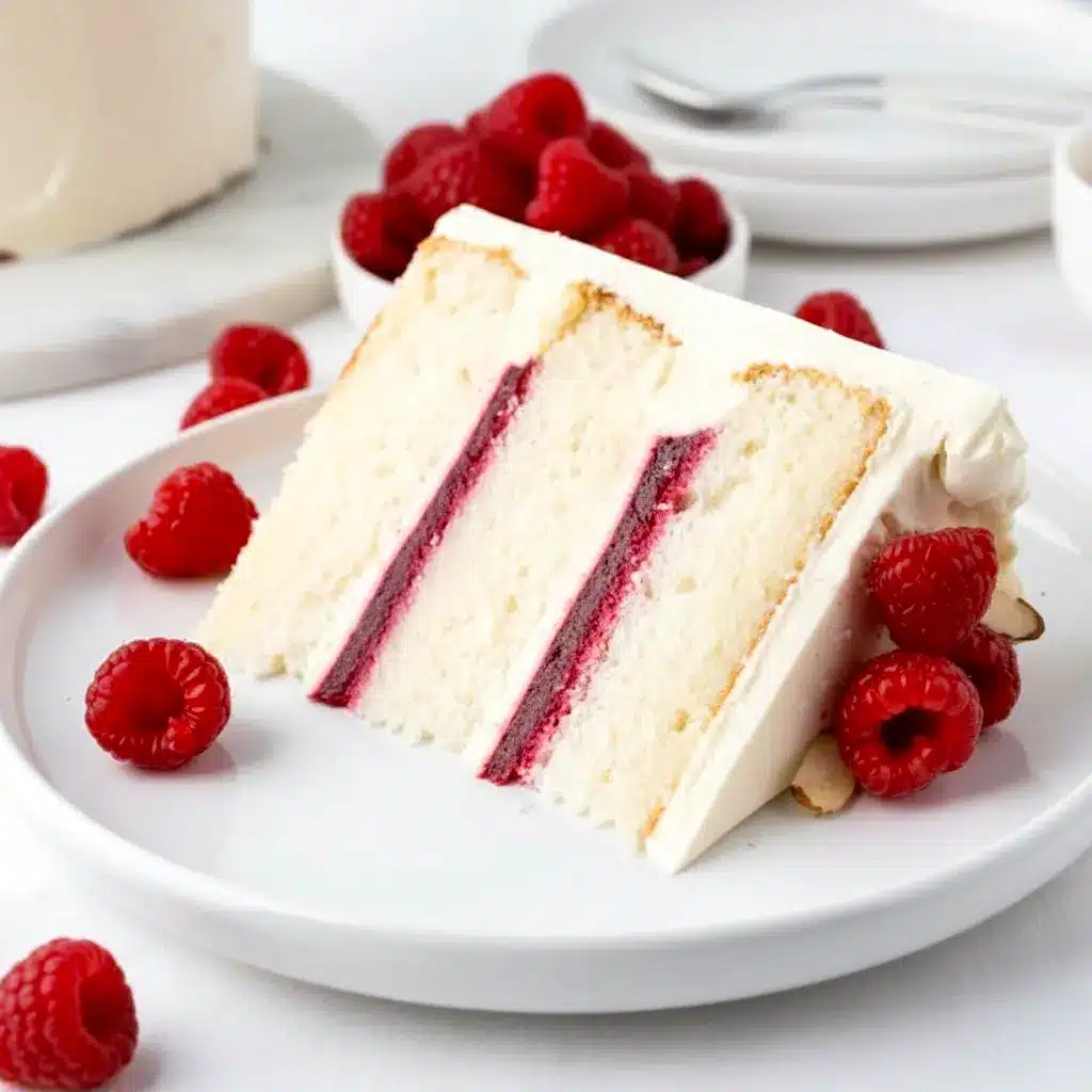 Raspberry Almond Cake with white almond cake layers, raspberry filling, creamy frosting, fresh raspberries, and slivered almonds on top.