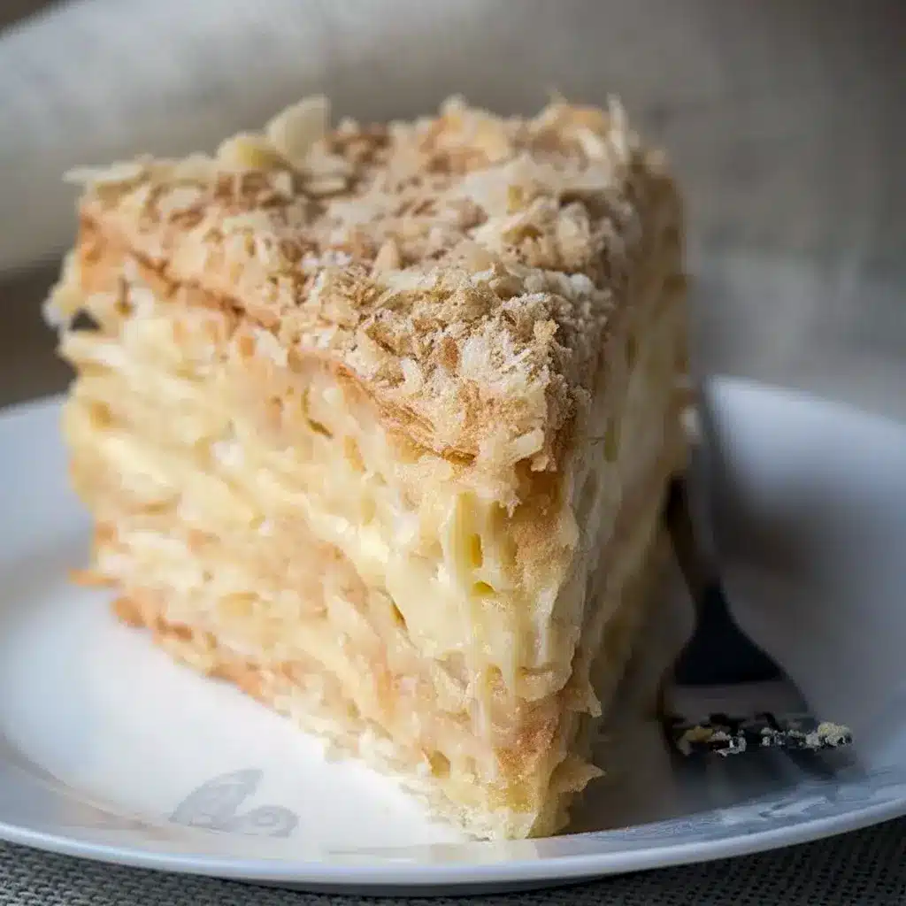 Russian Napoleon Cake slice with thin flaky pastry layers, rich custard filling, and a crumb-coated top on a serving plate.