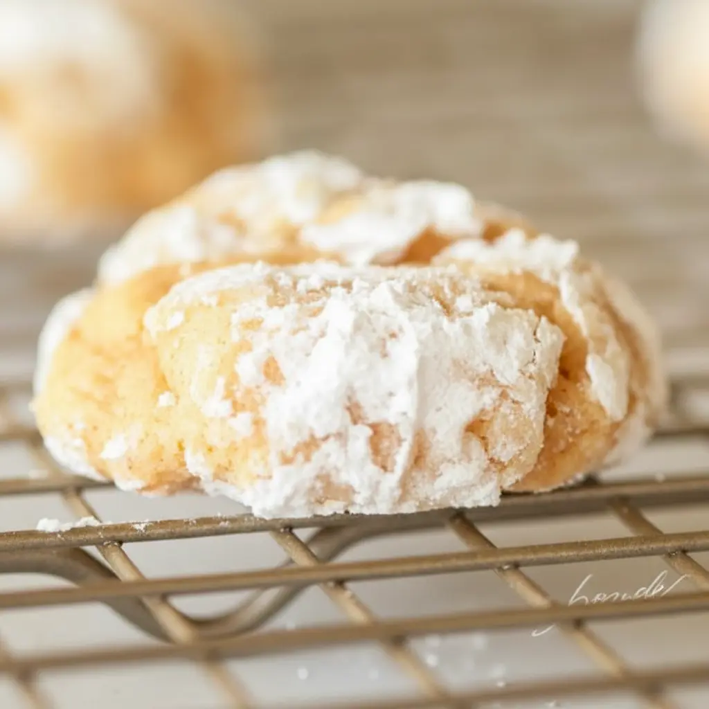 A stack of Pumpkin Butter Cookies coated in powdered sugar, showing a soft, thick, gooey texture for a cozy fall dessert.