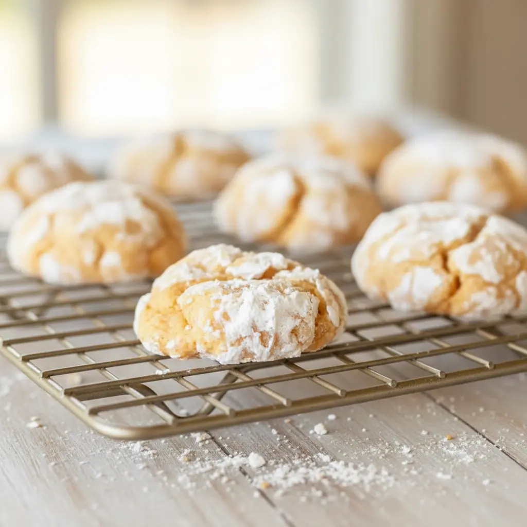 A stack of Pumpkin Butter Cookies coated in powdered sugar, showing a soft, thick, gooey texture for a cozy fall dessert.