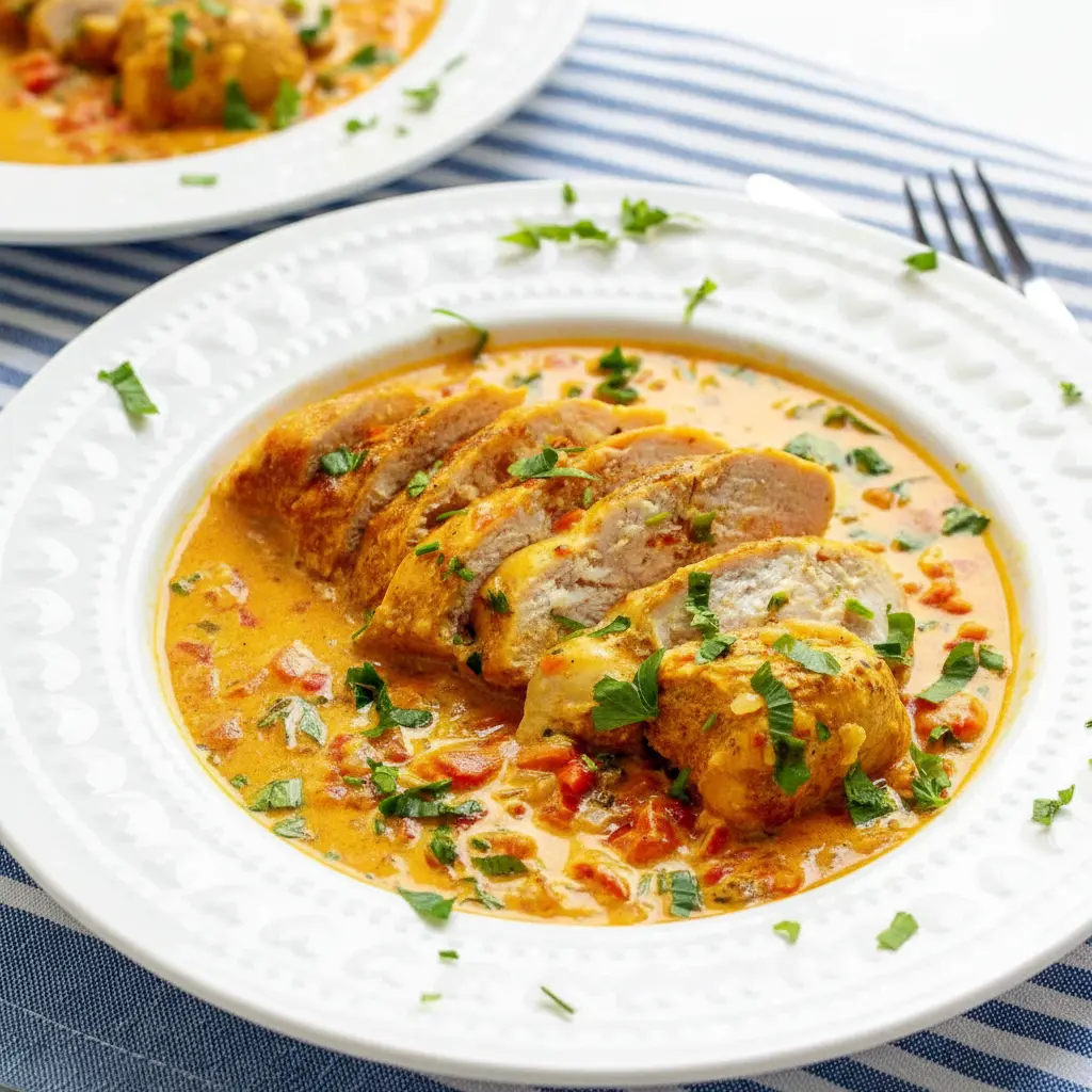 Close-up of Spicy Brazilian Coconut Chicken in creamy coconut-chili sauce with lime and cilantro, served over steamed rice.