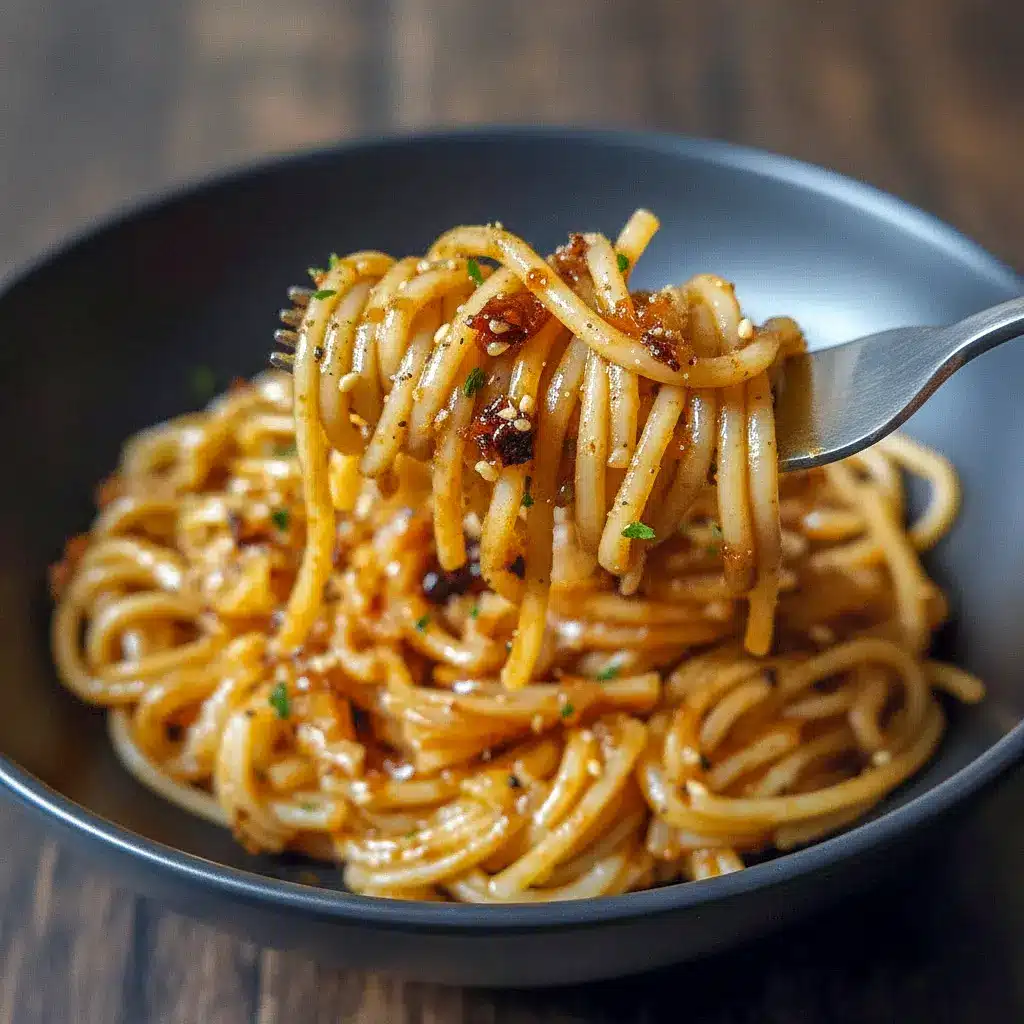 Close-up of glossy Caramelized Onion Pasta tossed with jammy onions, chili oil sheen, and grated Parmesan — a rustic Pasta Dishes favorite.