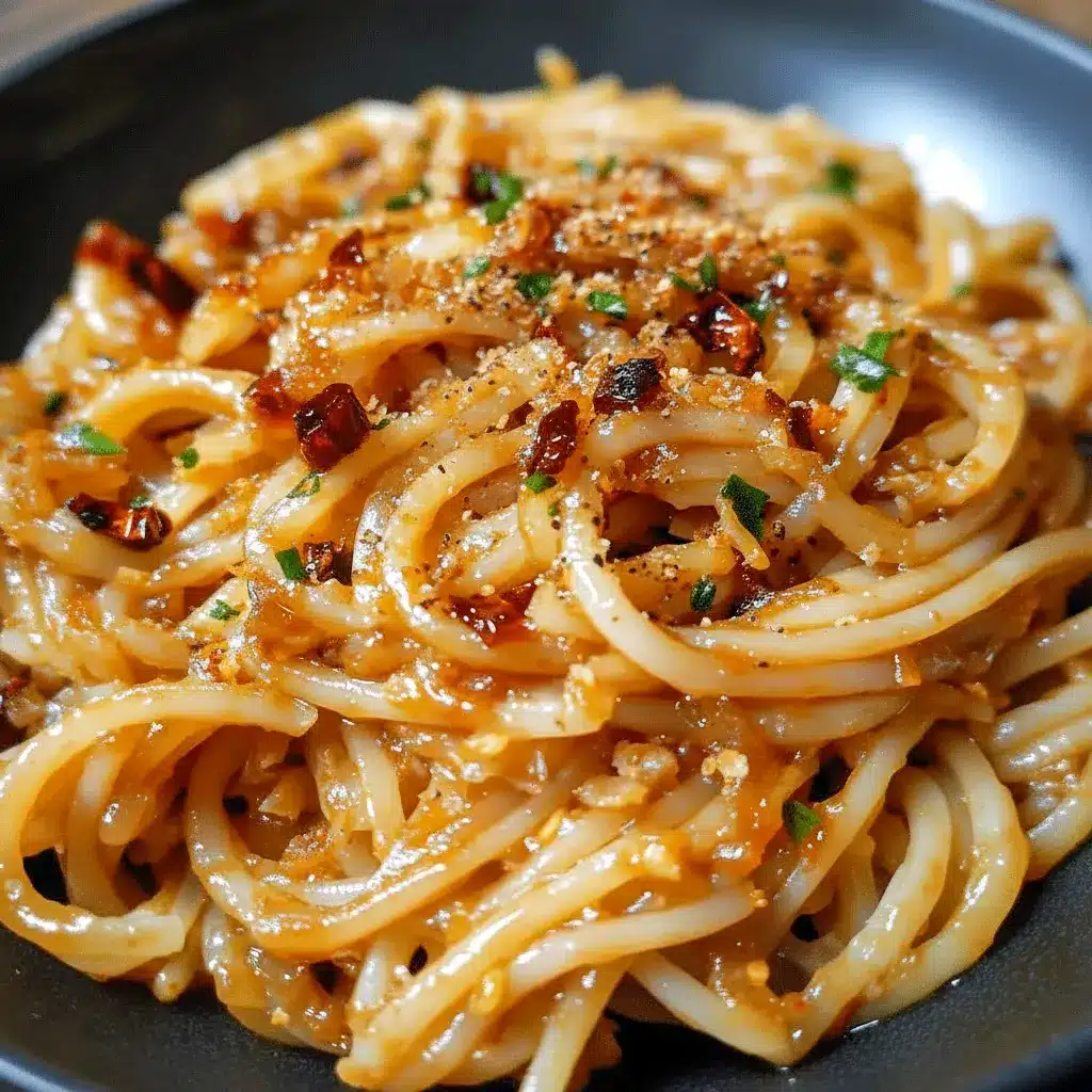 Close-up of glossy Caramelized Onion Pasta tossed with jammy onions, chili oil sheen, and grated Parmesan — a rustic Pasta Dishes favorite.