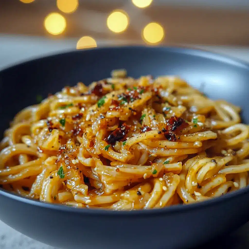 Close-up of glossy Caramelized Onion Pasta tossed with jammy onions, chili oil sheen, and grated Parmesan — a rustic Pasta Dishes favorite.