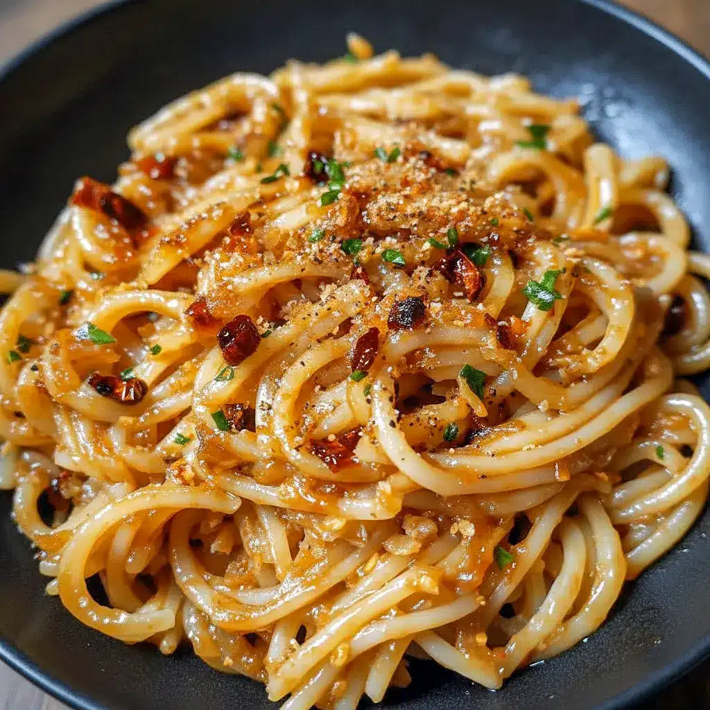 Close-up of glossy Caramelized Onion Pasta tossed with jammy onions, chili oil sheen, and grated Parmesan — a rustic Pasta Dishes favorite.