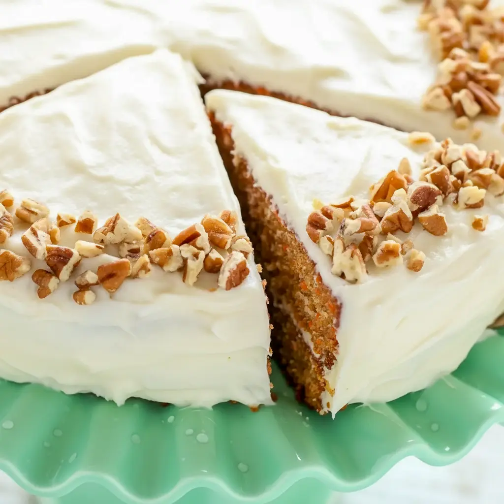 A beautifully layered Carrot Cake Recipe with fluffy Cream Cheese Frosting, featuring a thick slice that shows its tender crumb and rich texture. This Super Moist Carrot Cake is decorated with smooth frosting and simple carrot garnish, making it the perfect Easter Dessert or classic homemade cake for celebrations.