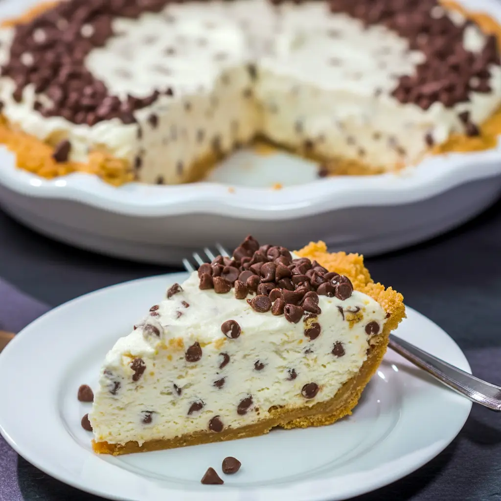 Cannoli Pie — close-up of a slice showing creamy mascarpone-ricotta filling studded with mini chocolate chips on a golden vanilla-wafer crust, dusted with powdered sugar.