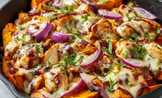 BBQ Chicken Sweet Potato Skillet in a hearty skillet meal with tender sweet potatoes and chicken, making it one of the best Easy Meals That Last A Week.