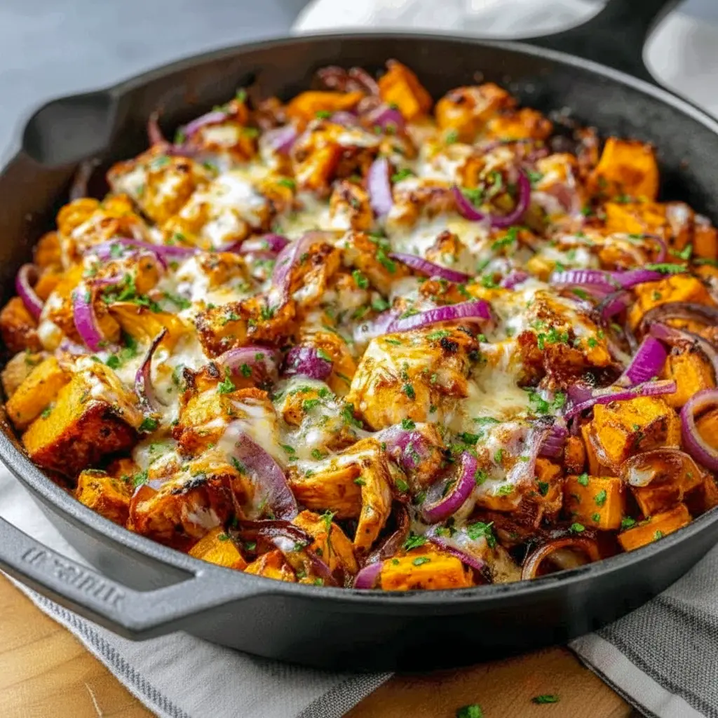 BBQ Chicken Sweet Potato Skillet with melted cheese, sweet potatoes, and BBQ chicken, ideal for Easy Meal Prep Ideas Dinners.