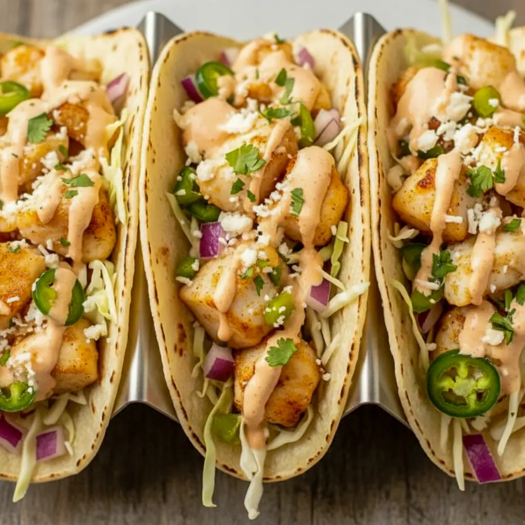 A plate of Fish Tacos topped with cabbage, cilantro, and a drizzle of Fish Taco Sauce, styled as a bright and flavorful weeknight meal.