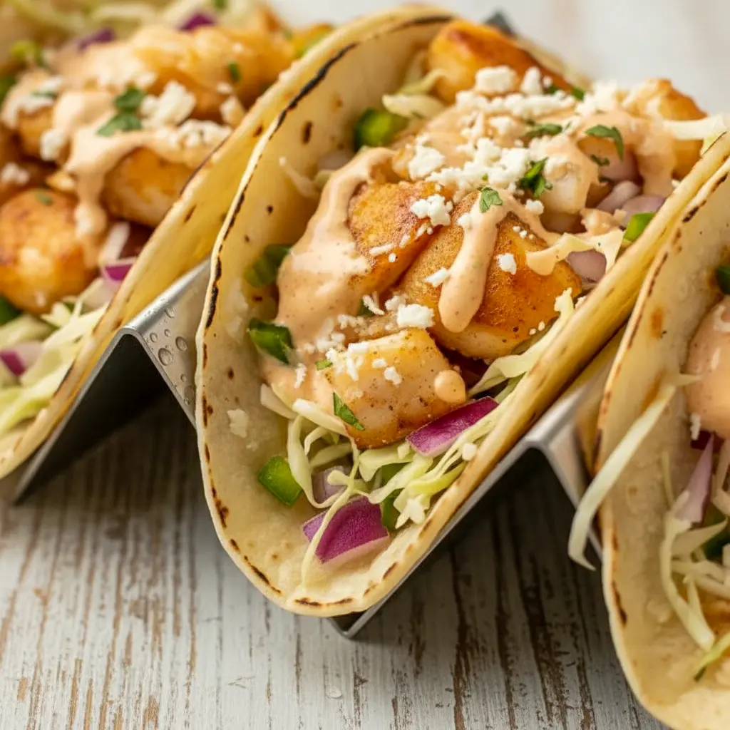 A plate of Fish Tacos topped with cabbage, cilantro, and a drizzle of Fish Taco Sauce, styled as a bright and flavorful weeknight meal.