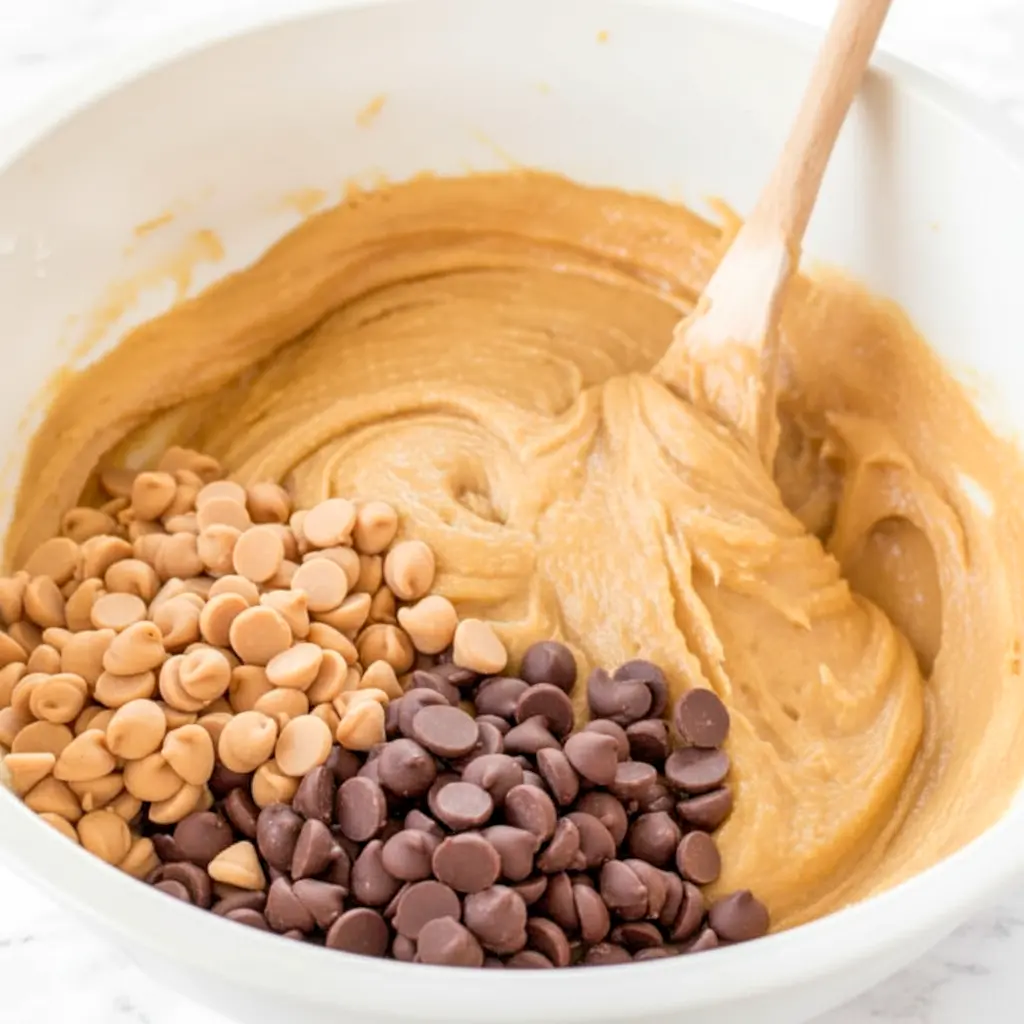 Thick square Peanut Butter Blondies cut on a serving board, styled as a gooey Peanut Butter Blondie dessert with a dense, fudgy texture and colorful Reese’s Pieces.