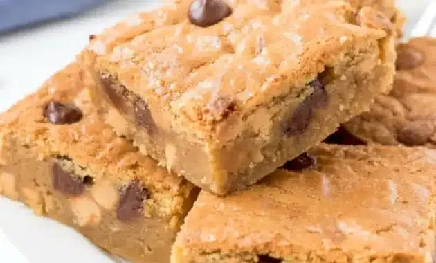 A close-up tray of Peanut Butter Blondies topped with Peanut Blondies style texture, loaded with Reese’s Pieces and chocolate chips, showing soft centers and chewy edges.
