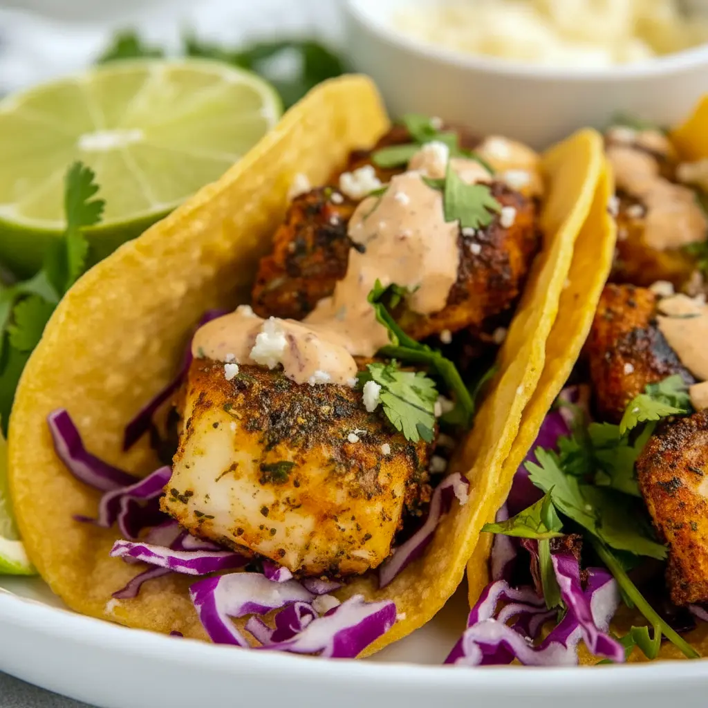 A platter of Blackened Fish Tacos with dark spice-crusted fish, shredded cabbage, lime wedges, and creamy sauce, styled as one of the best Easy Seafood Taco Recipes.