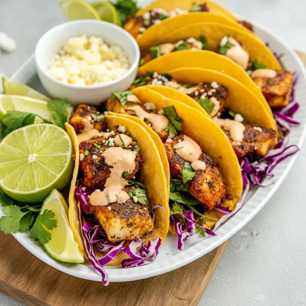 A platter of Blackened Fish Tacos with dark spice-crusted fish, shredded cabbage, lime wedges, and creamy sauce, styled as one of the best Easy Seafood Taco Recipes.