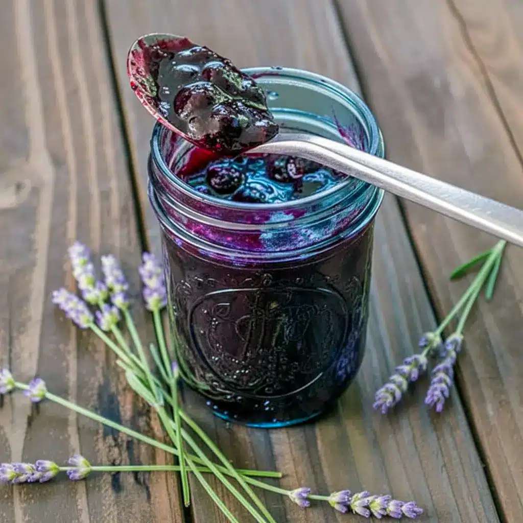 A spoonful of Blueberry & Lavender Jam spread on warm bread, inspired by a sweet Blueberry Lavender Jam Recipe with honey and fresh lavender buds.
