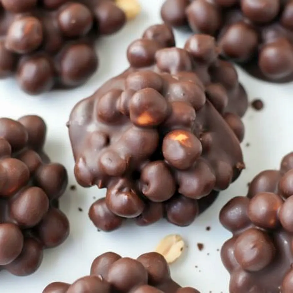 Chocolate Chickpeas in bite-sized clusters coated with dark chocolate, showing a crunchy Sweet Chickpeas Snack and an easy Chocolate Chickpea Clusters dessert.