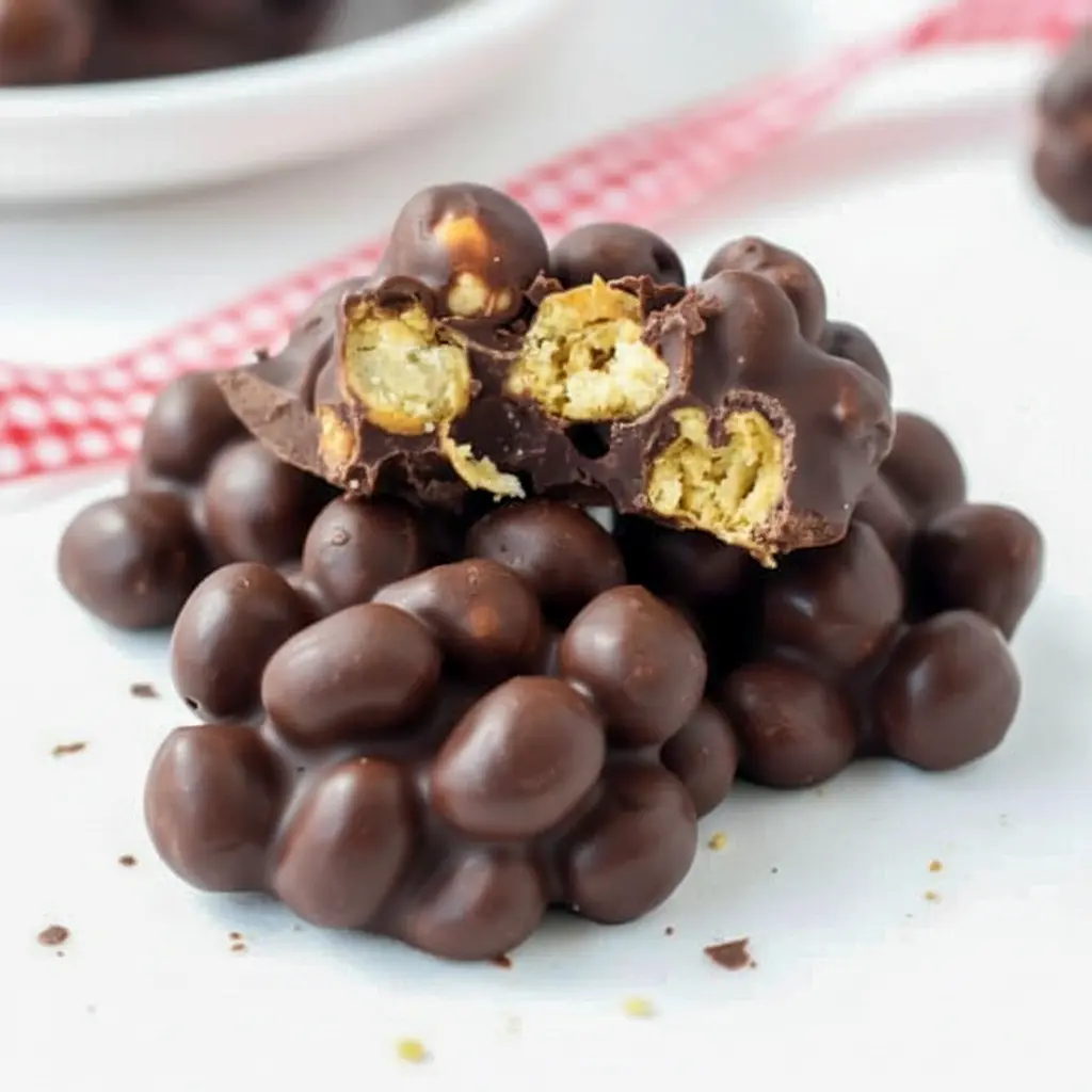 Chocolate Chickpeas in bite-sized clusters coated with dark chocolate, showing a crunchy Sweet Chickpeas Snack and an easy Chocolate Chickpea Clusters dessert.