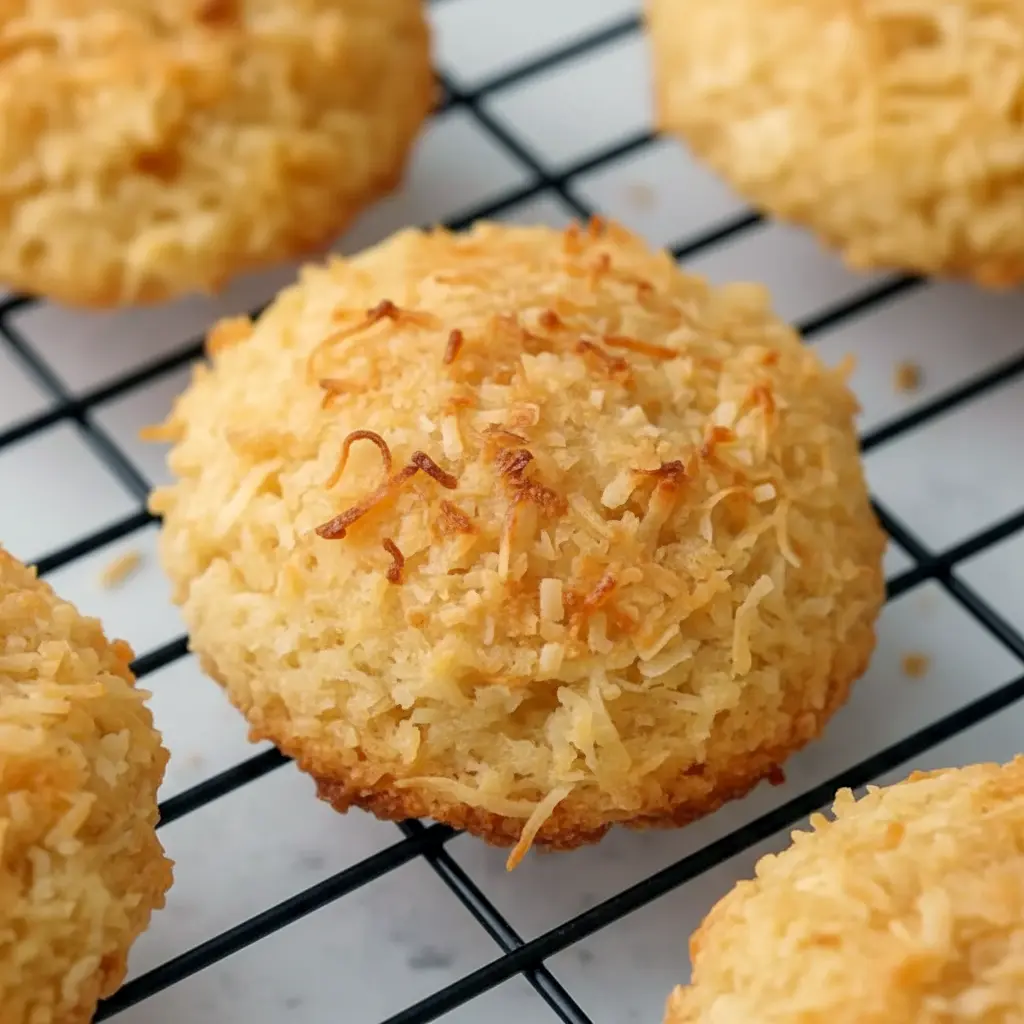 Chewy Coconut Cookies arranged for a festive dessert pin with Coconut Christmas Cookies charm, golden tops, and a homemade look.